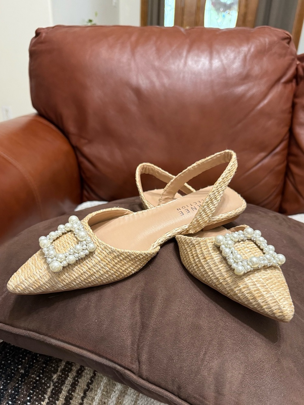 Pearl Embellished Sling Back Pointed Toe Flats 9 New Natural HANNAE - Picture 4 of 10